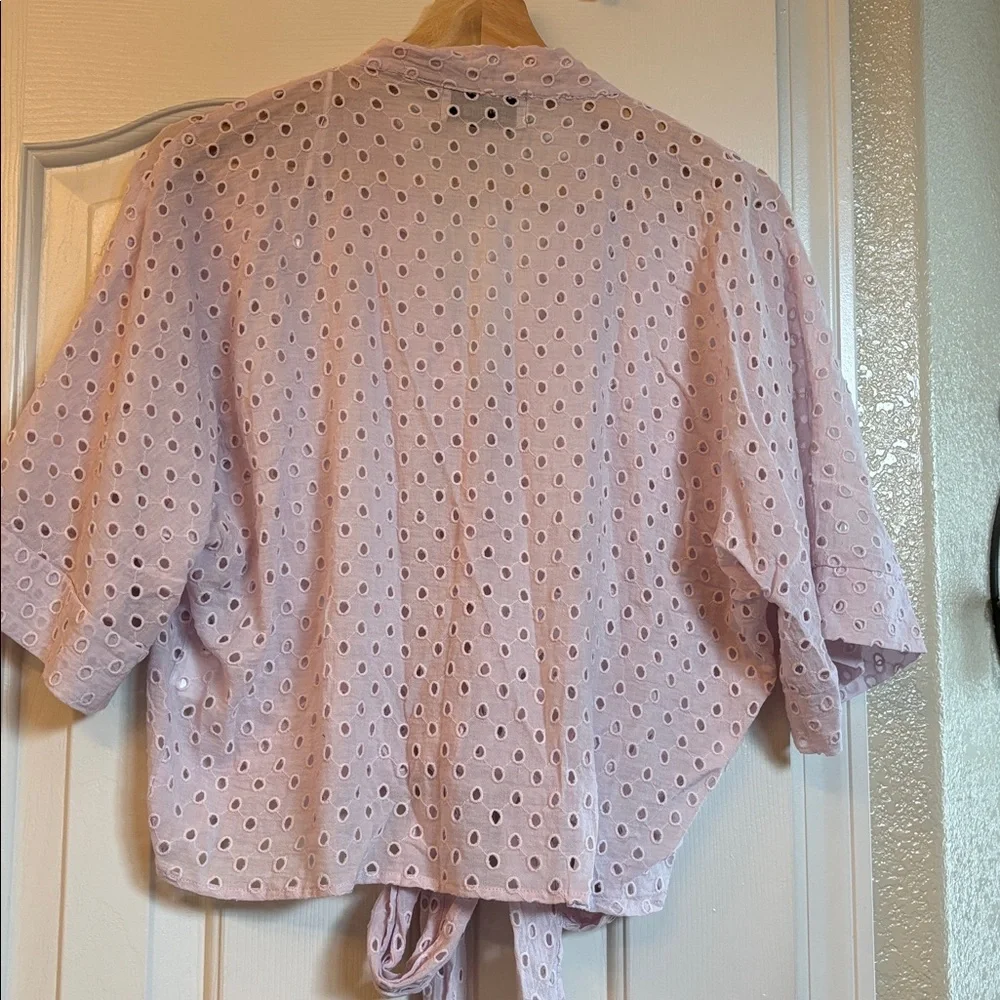 eSmaee Light Pink Eyelet Tie-Front Cotton Blouse - Picture 3 of 3